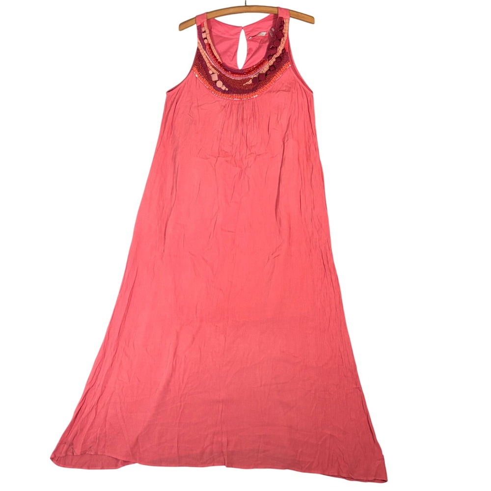 Soft Surroundings Coral Pink Embellished Maxi Dress Sleeveless Rayon Size M Boho